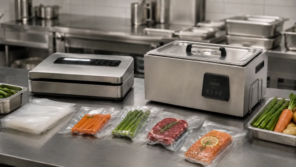aparat sous vide cu mașină de vidat și pungi alimentare