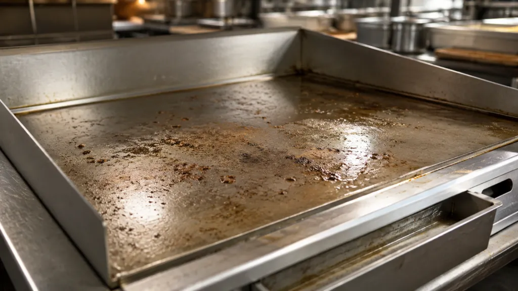 gratar fry top cu depuneri care necesita curatarea gratarului fry top