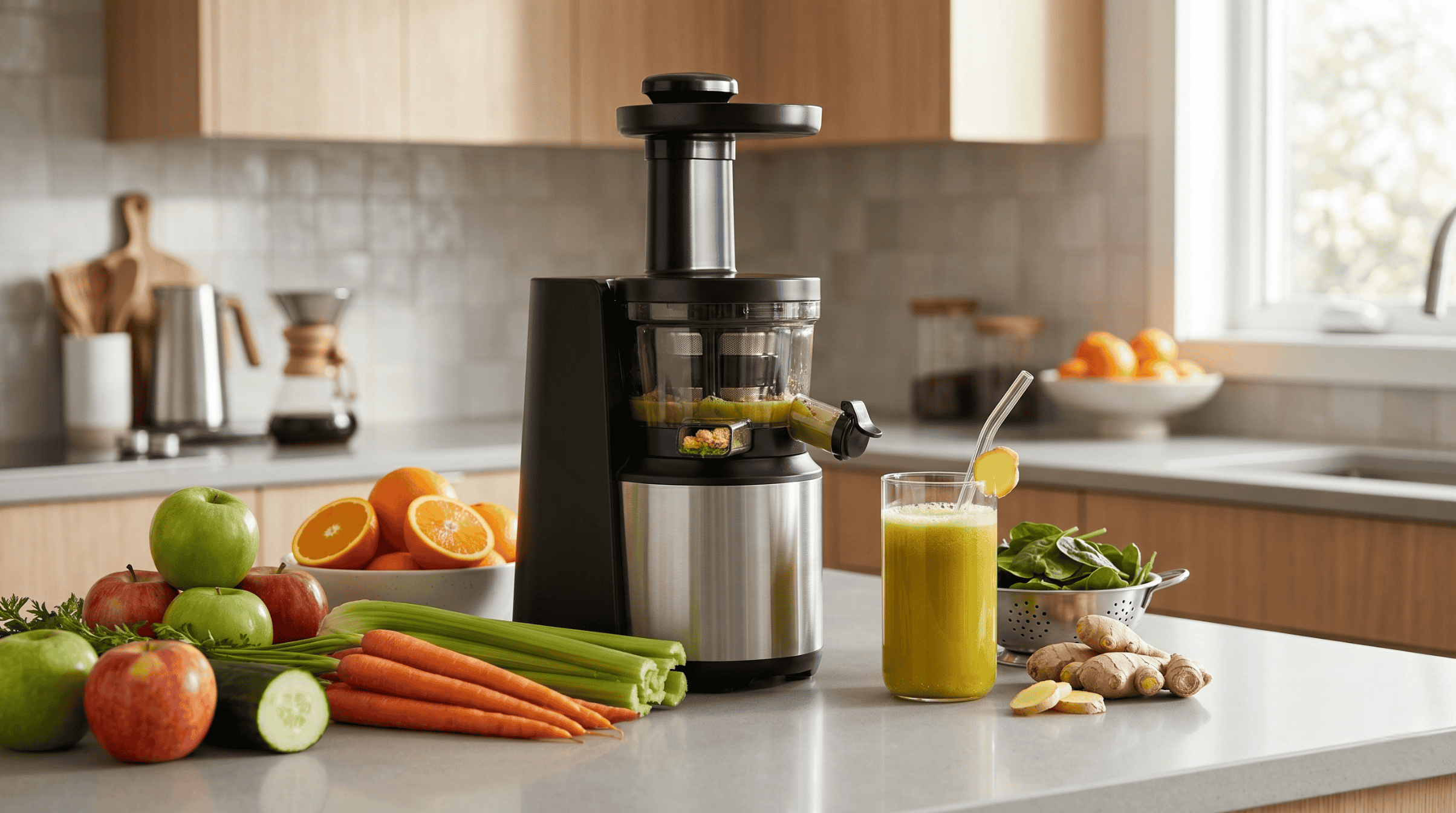 storcător de fructe și legume într-o bucătărie modernă, alături de fructe și legume proaspete