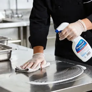 Curatarea corecta a unei mese din inox intr-o bucatarie profesionala HoReCa cu solutii si laveta din microfibra
