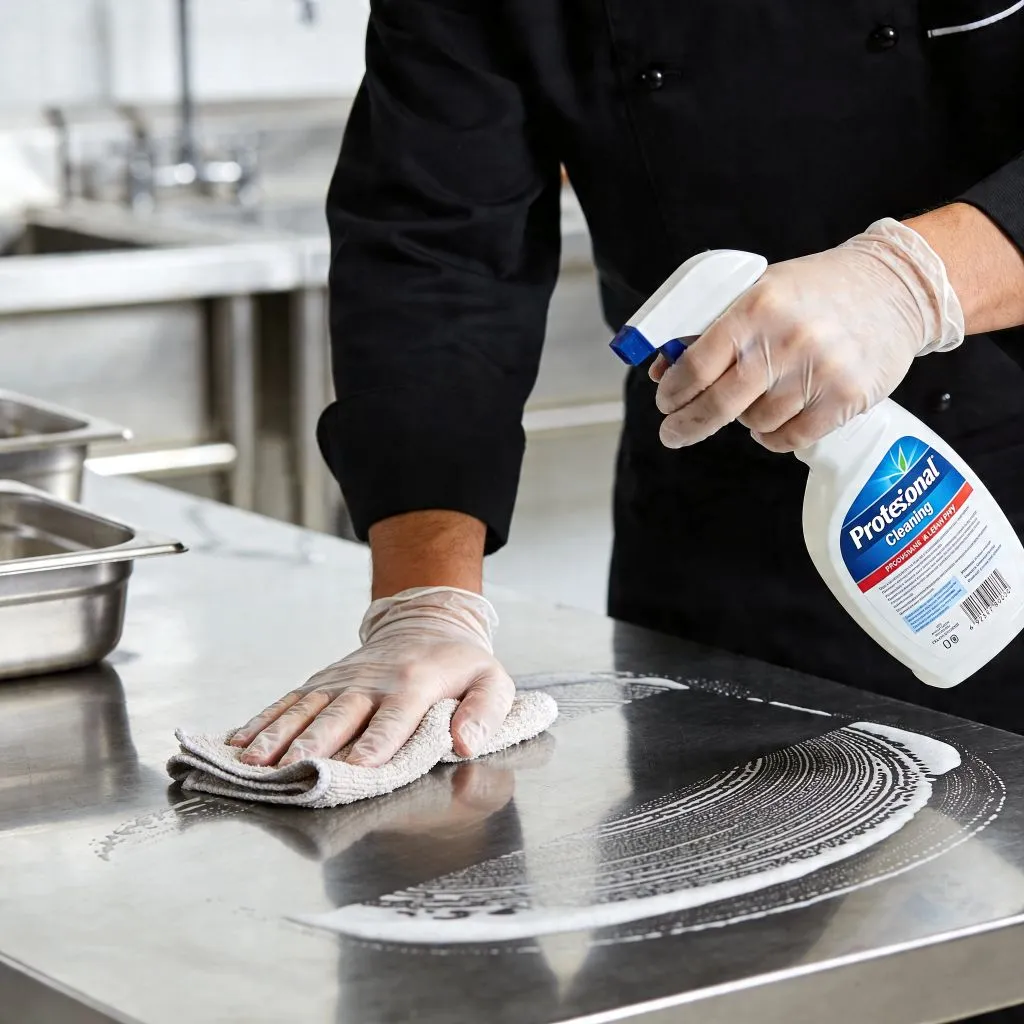 Curatarea corecta a unei mese din inox intr-o bucatarie profesionala HoReCa cu solutii si laveta din microfibra