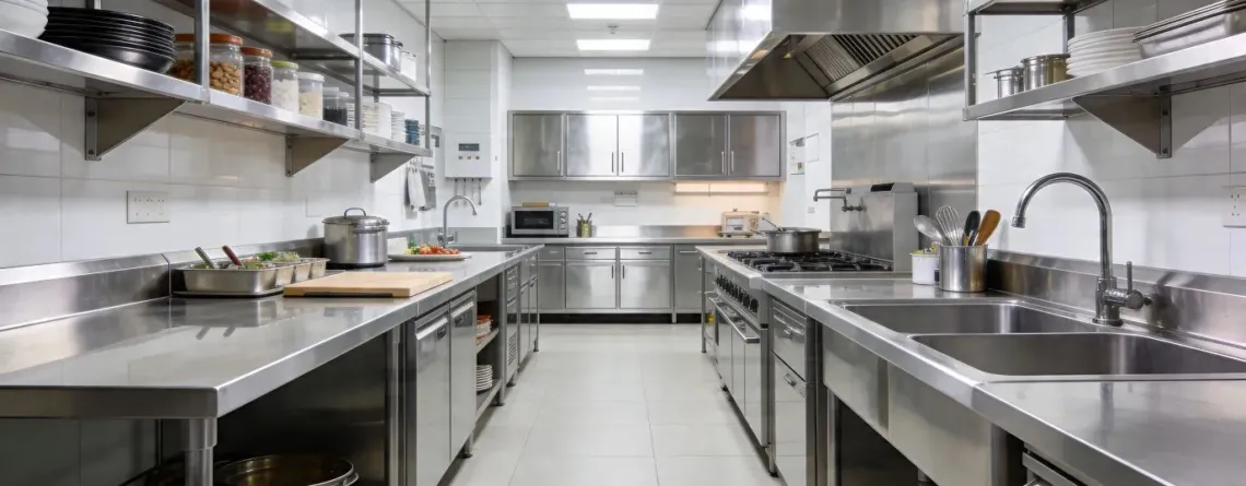 Mobilier din inox pentru bucatarie profesionala HoReCa cu mese, chiuvete si rafturi inox organizate eficient