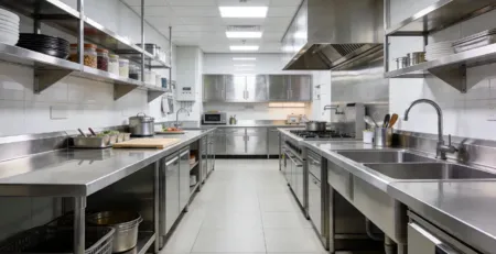 Mobilier din inox pentru bucatarie profesionala HoReCa cu mese, chiuvete si rafturi inox organizate eficient