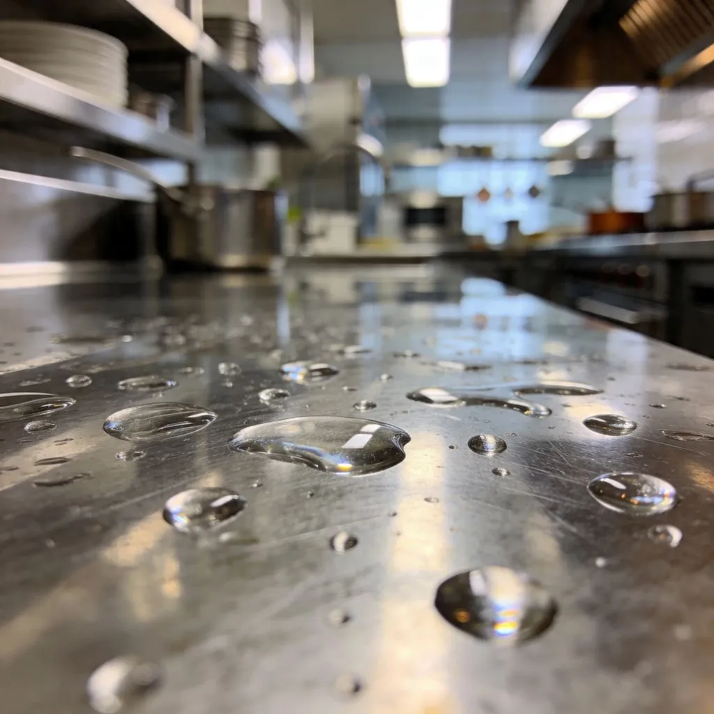 Picaturi de apa pe suprafata din inox care evidentiaza importanta uscarii corecte a mobilierului profesional