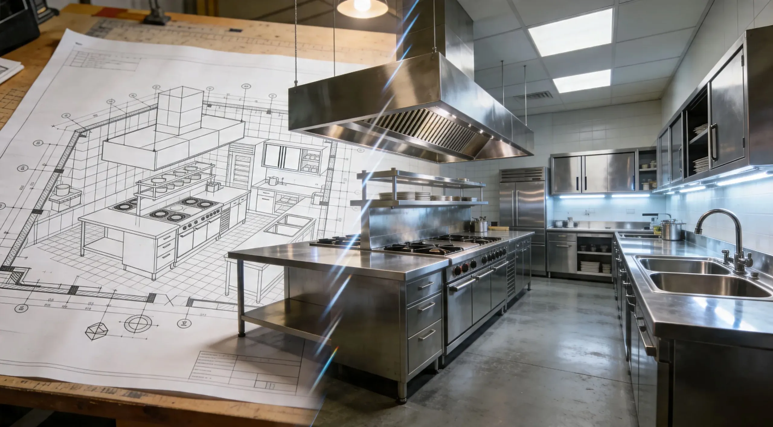 Plan de organizare a unei bucatarii profesionale cu mobilier inox ilustrat din schita