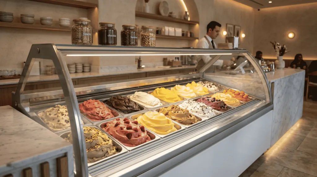 vitrina frigorifica inghetata cu sortimente expuse într-o gelaterie premium