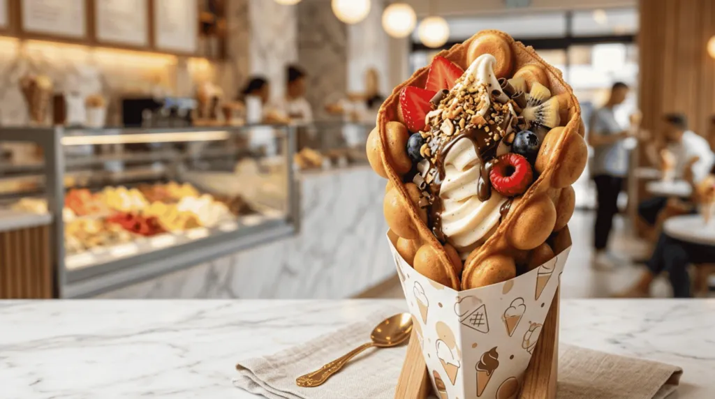 aparat bubble waffle profesional pentru desert cu înghețată și toppinguri