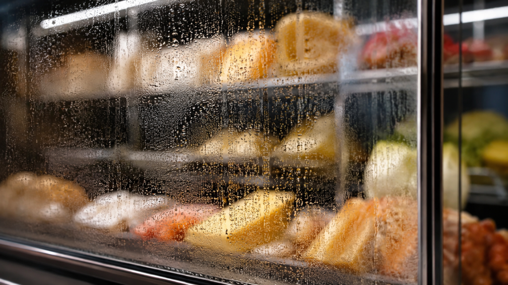 condens pe geamul unei vitrine frigorifice profesionale