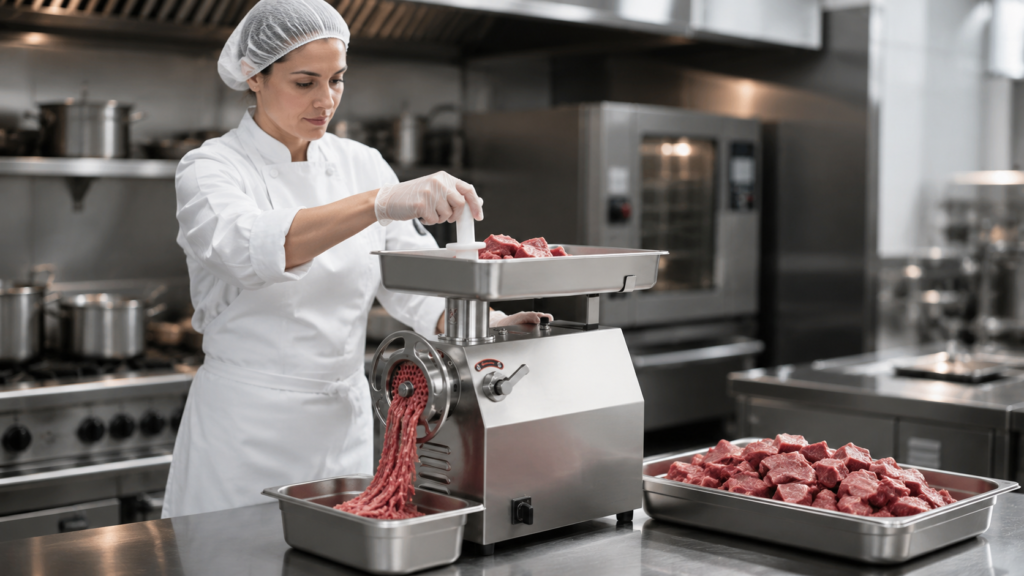mașină de tocat carne electrică profesională folosită într-o bucătărie profesională