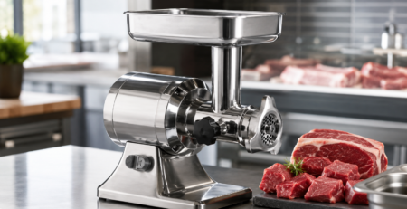 mașină de tocat carne profesională într-o carmangerie modernă