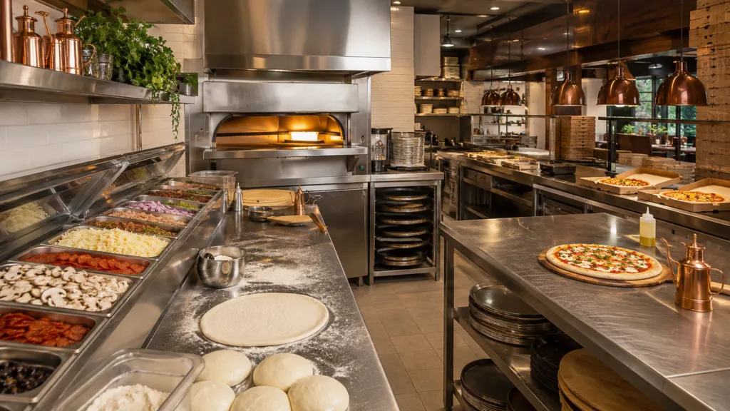Flux de lucru cu echipamente pizzerie într-o bucătărie profesională