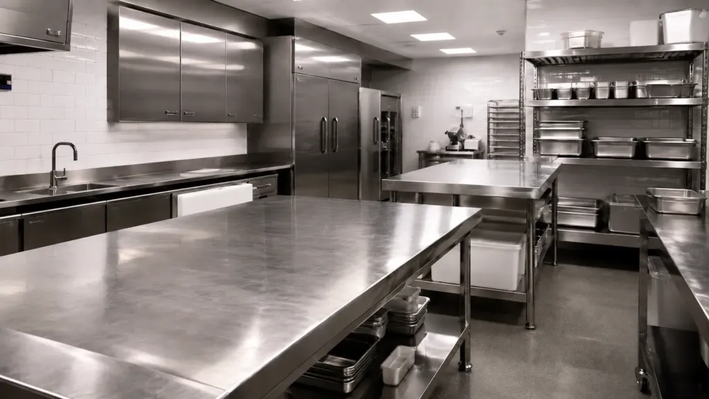 Mese din inox și rafturi profesionale pentru organizarea unei carmangerii