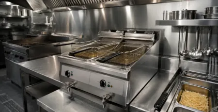 Friteuză profesională pentru fast-food într-o bucătărie comercială