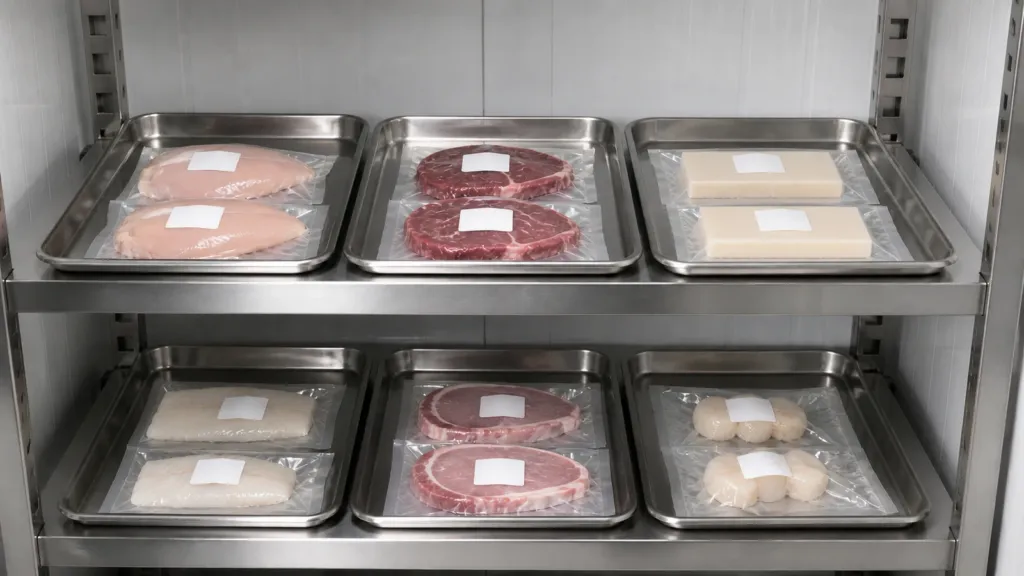 Porții alimentare vidate și etichetate pe raft frigorific