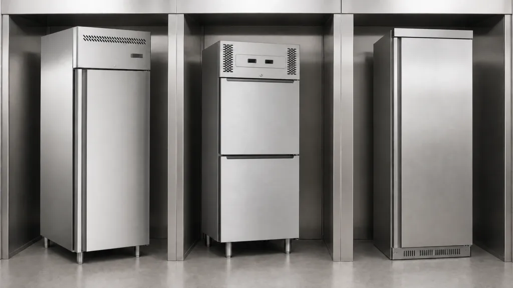 Dulap de refrigerare, dulap mixt și dulap de congelare aliniate pentru comparație