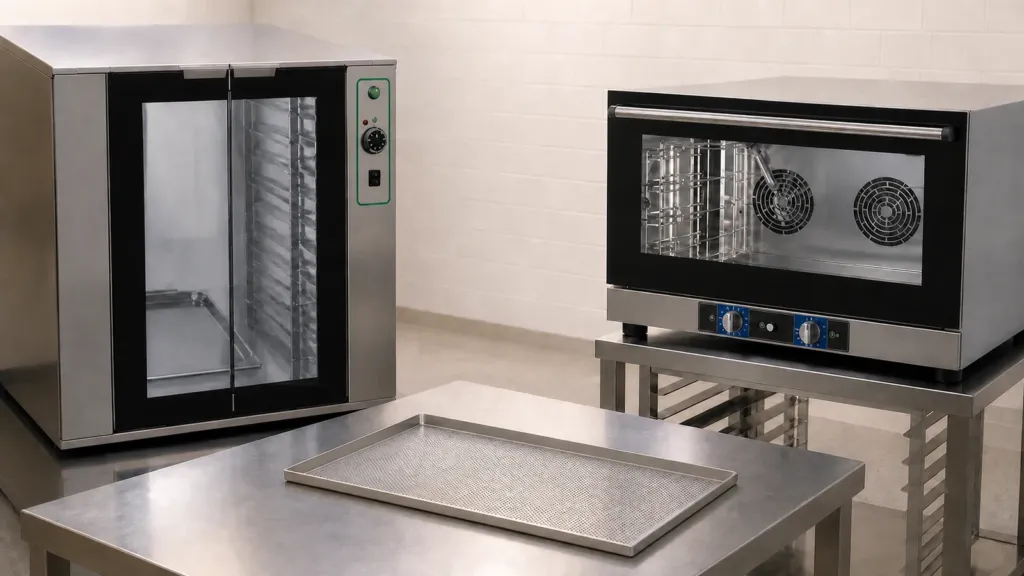 Tavă perforată de 600×400 mm lângă cuptor și dospitor compatibile ca format nominal