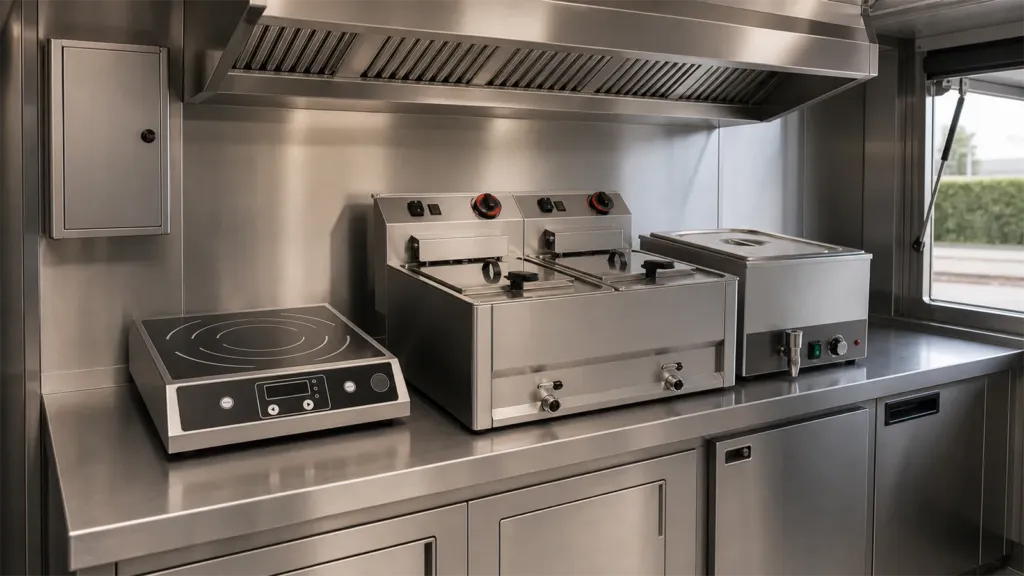 Plită cu inducție, friteuză și bain-marie într-o linie de gătire pentru food truck