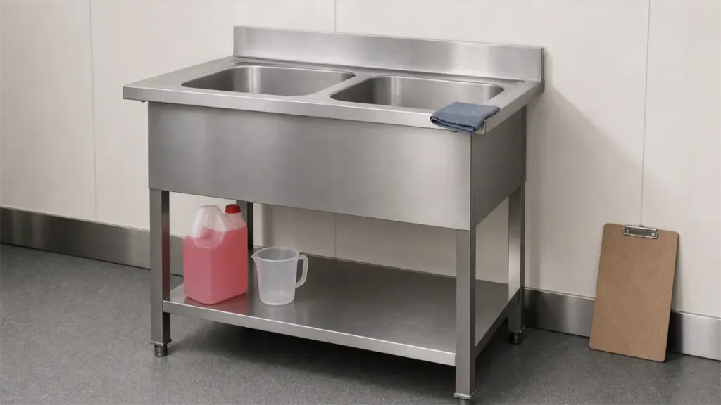 Curățarea unei zone de lucru din inox într-o bucătărie HoReCa