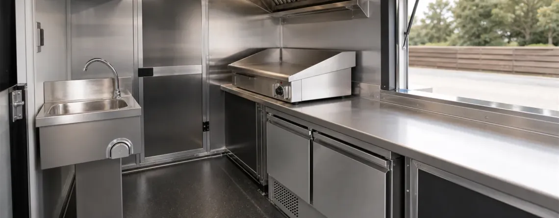 Interior de food truck cu grill, masă rece și spălător din inox