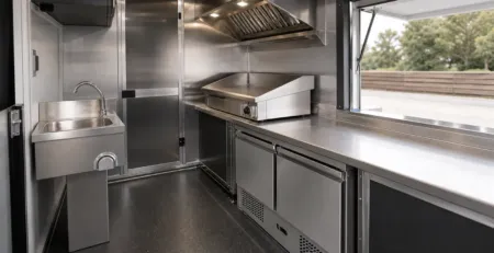Interior de food truck cu grill, masă rece și spălător din inox