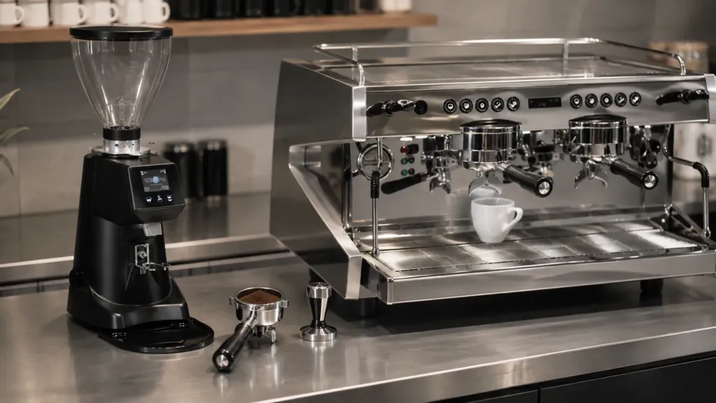 Doză de cafea, râșniță, presor și espressor pentru controlul extracției
