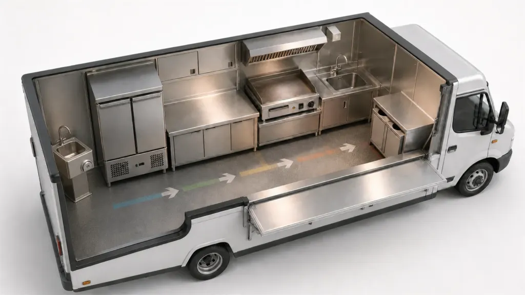 Schemă a zonelor de rece, preparare, gătire, spălare și servire într-un food truck