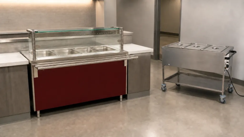 Modul bain-marie de autoservire și cărucior cald mobil într-o zonă de servire