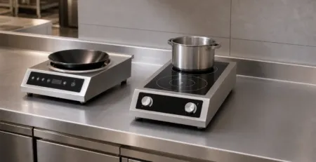 Plită cu inducție și zonă wok într-o bucătărie profesională