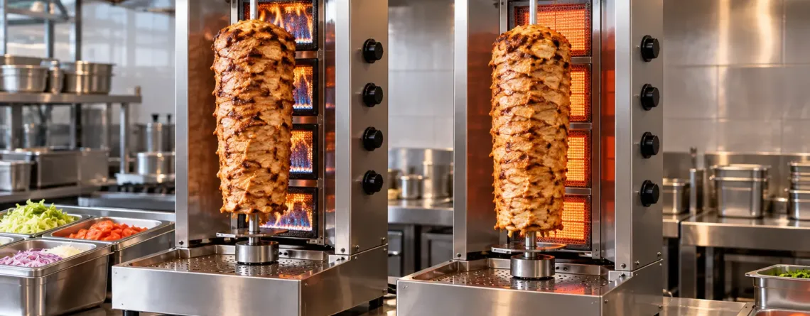 Aparat kebab gaz sau electric într-o bucătărie profesională