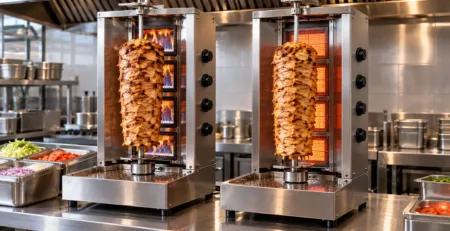 Aparat kebab gaz sau electric într-o bucătărie profesională
