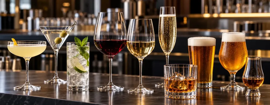 Pahare de cocktail și vin pe o stație de bar profesională