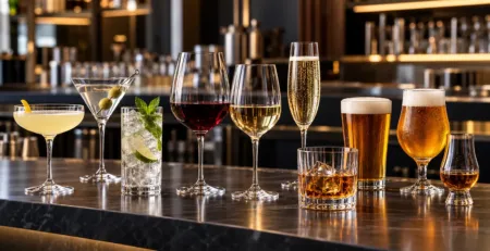 Pahare de cocktail și vin pe o stație de bar profesională