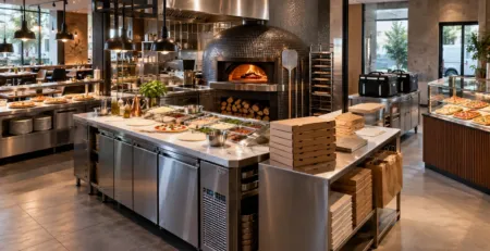 Pizzerie profesională cu zone pentru servire, takeaway și delivery
