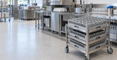 Zonă profesională de spălare cu coșuri și cărucior