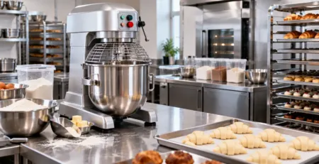 Mixer planetar profesional într-un laborator de patiserie