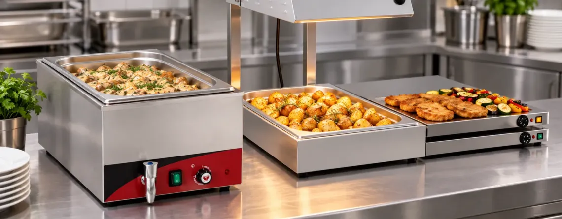 Bain-marie cu apă lângă aparat uscat de menținere la cald într-o bucătărie HoReCa