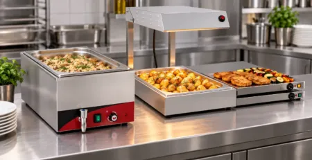 Bain-marie cu apă lângă aparat uscat de menținere la cald într-o bucătărie HoReCa