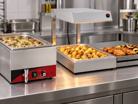 Bain-marie cu apă lângă aparat uscat de menținere la cald într-o bucătărie HoReCa