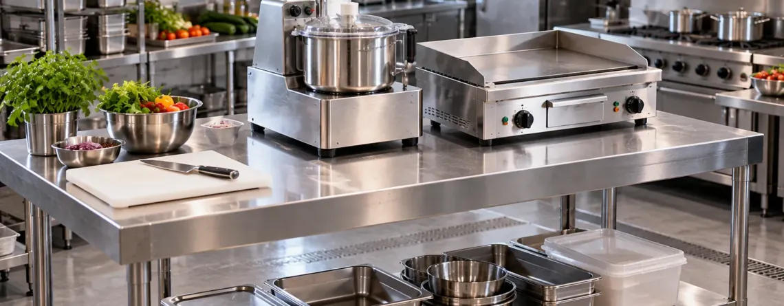 Post de lucru HoReCa cu masă inox și echipamente countertop