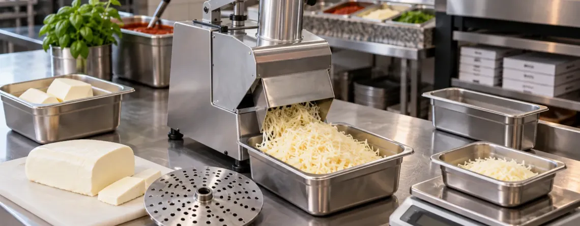 Mozzarella la bloc și rasă într-o zonă de pregătire pizza
