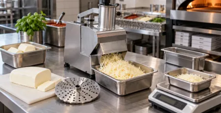 Mozzarella la bloc și rasă într-o zonă de pregătire pizza