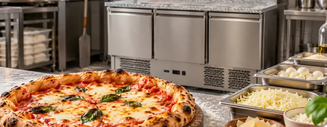 Pizza cu brânză topită într-o stație profesională