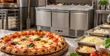 Pizza cu brânză topită într-o stație profesională