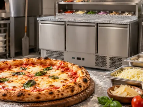 Pizza cu brânză topită într-o stație profesională