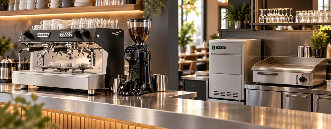 Stație de cafea și zonă de bar-cafenea cu echipamente profesionale