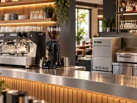 Stație de cafea și zonă de bar-cafenea cu echipamente profesionale