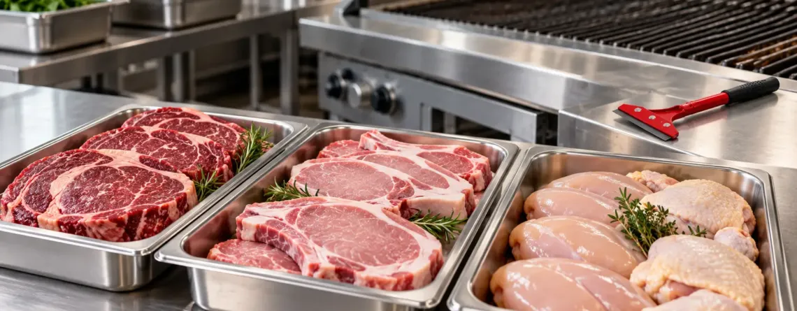 Selecție de carne porționată lângă un grill profesional