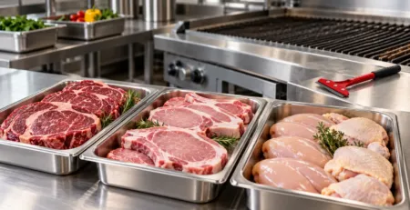 Selecție de carne porționată lângă un grill profesional