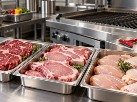 Selecție de carne porționată lângă un grill profesional