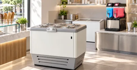 Vitrină de înghețată, aparat granita și ladă frigorifică într-o gelaterie